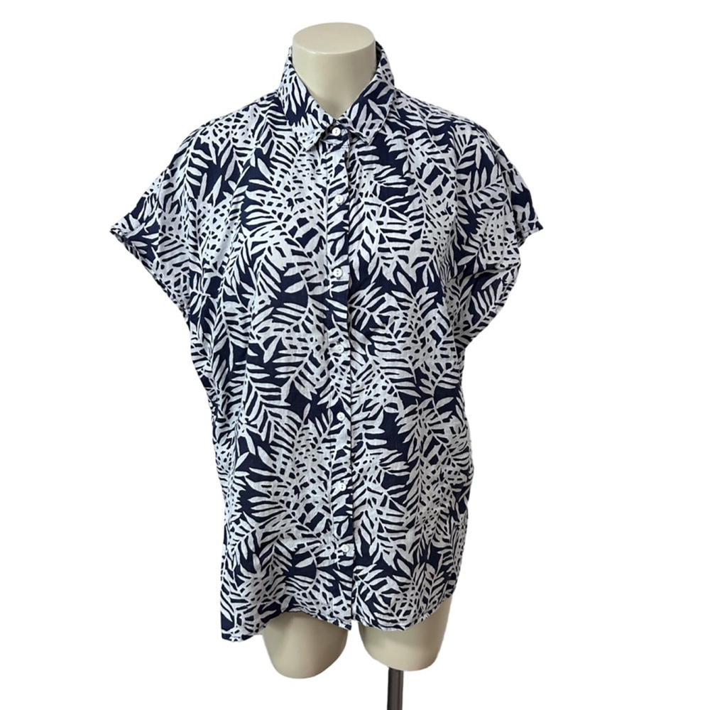 Tommy Bahama Women’s XL Linen Navy Blue White Tropical Leaf Button Shirt